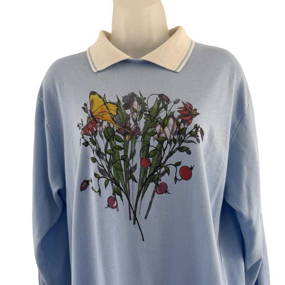 Vintage Sweatshirt Womens XL Blue Floral Butterfly Collar Retro 90s Cottagecore - Picture 3 of 16